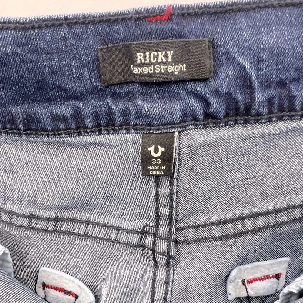 TRUE RELIGION JEANS, RICKY RELAXED STRAIGHT, DARK INDIGO BLASTER, W 33, L34